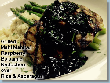 Grilled Mahi Mahi with Raspberry Balsamic Reduction over Rice and Asparagus